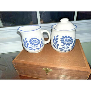 Vintage blue and beige Japanese Creamer and Sugar Bowl set by Country Heritage